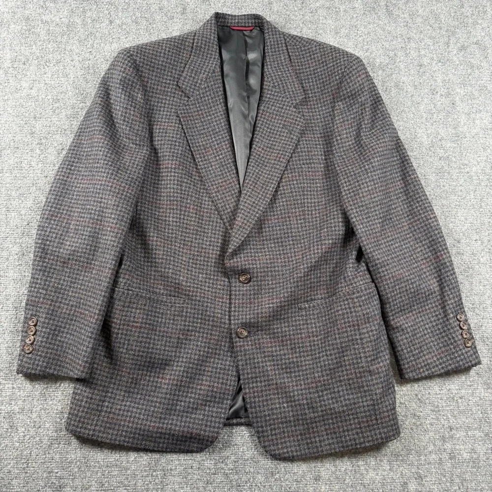 Hart Schaffner Marx Sport Coat Mens 40R Gray Blue Wool Houndstooth Blazer VTG